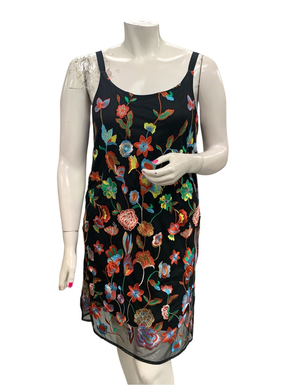 Embroidered Floral Slip Dress - Black with Multicolor Flowers